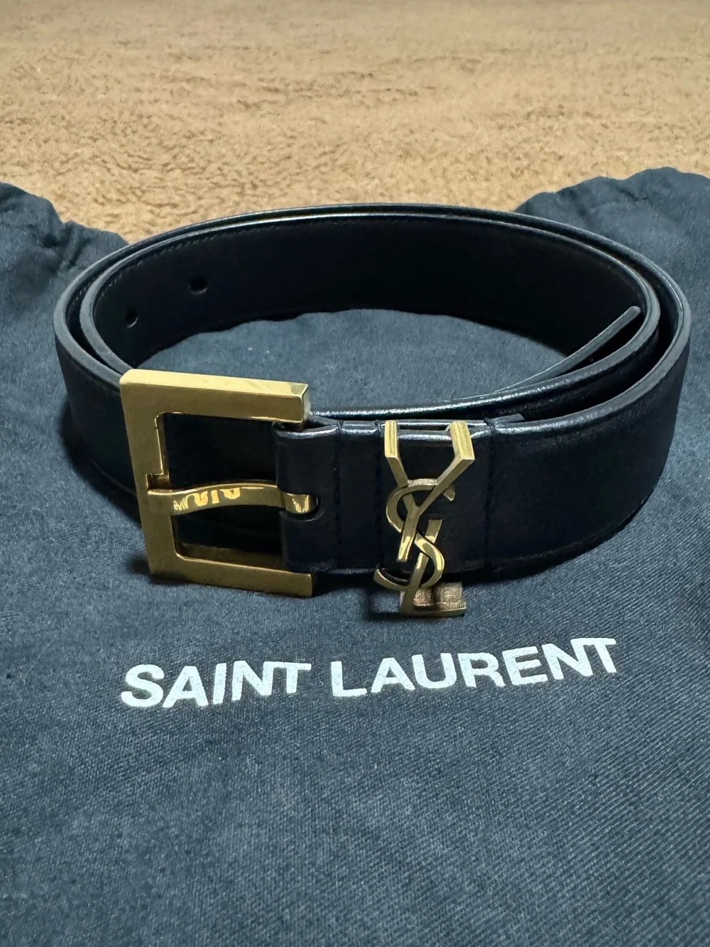 Saint Laurent Black Leather Belt with Gold YSL Hardware